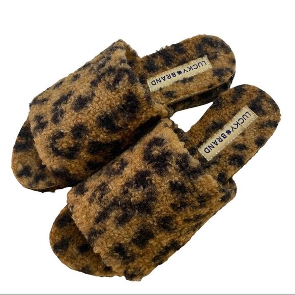 Lucky Brand leopard Fleece Slipper Sandals Sz 6.5M - Picture 2 of 6
